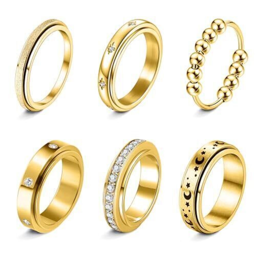 6581 18K Gold Plated Fidget Rings for Anxiety 6pcs Stainless Steel Spinner